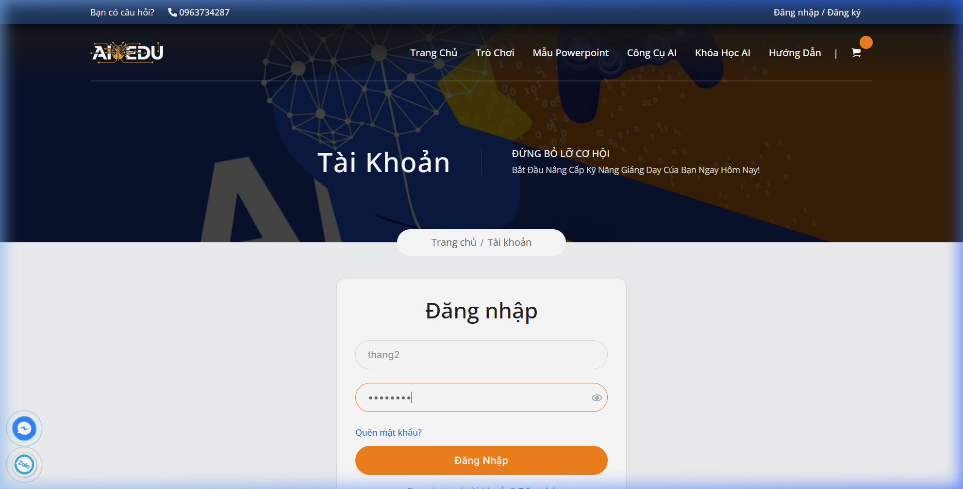 Form đăng nhập đã điền thông tin